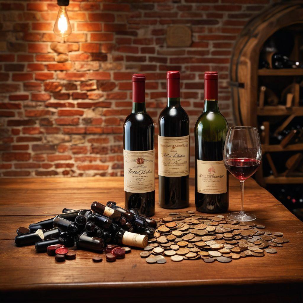 A beautifully arranged wooden table displaying an assortment of vintage wine bottles and rare coins scattered artfully around them. The background shows a softly illuminated wine cellar with brick walls, creating a warm and inviting atmosphere. Include a vintage corkscrew and a wine glass filled with rich red wine, with reflections of coins shimmering in the glass. The overall scene should evoke a sense of nostalgia and luxury. super-realistic. warm tones. vintage style.