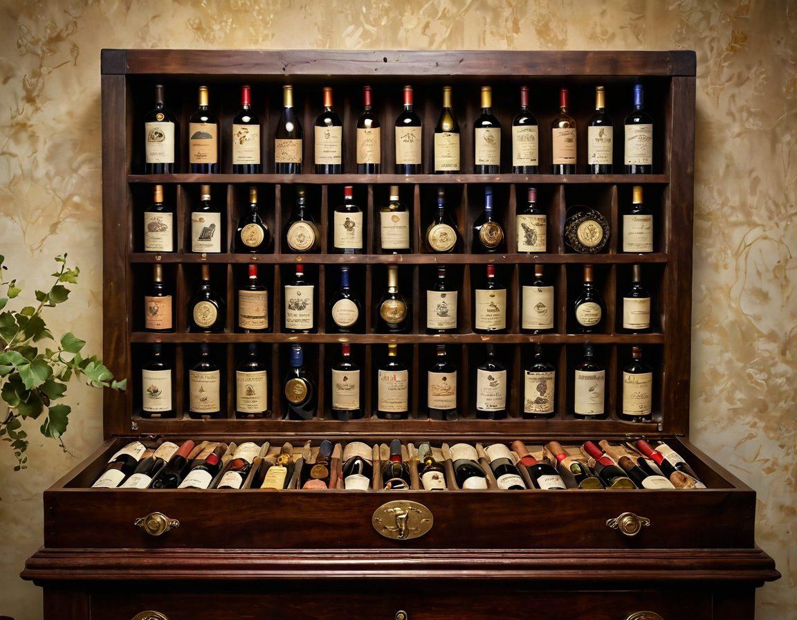 A beautiful wooden display case filled with vintage wine bottles and an array of numismatic treasures, including gold coins and antique currency, displayed elegantly on velvet cloth. Soft warm lighting enhances the rich colors of the wine labels and the gleam of the coins, creating a luxurious atmosphere. The background includes a blurred vineyard and stacks of historical books, inviting viewers to explore the art of collecting. super-realistic. warm tones. elegant composition.