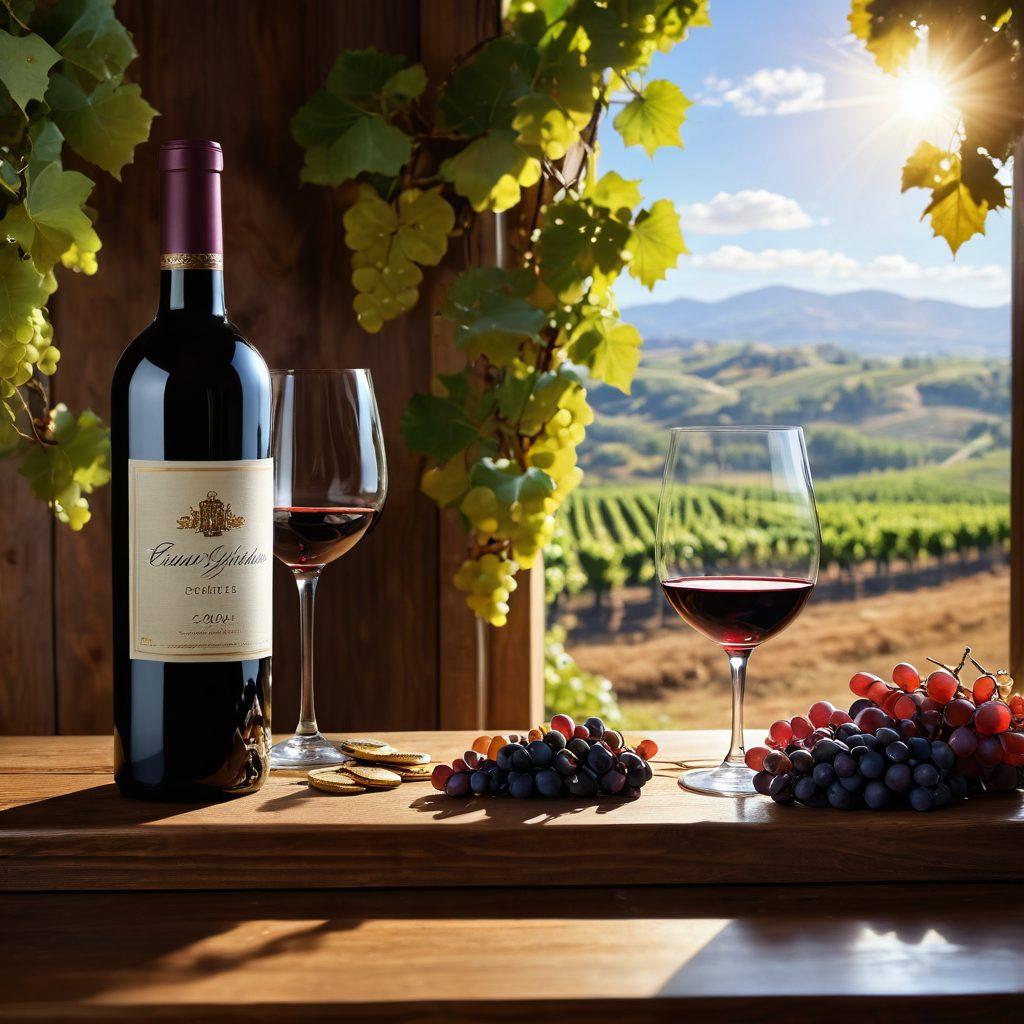 A luxurious vineyard with sunlit grapevines in the foreground, transitioning to a sophisticated vault filled with sparkling rare coins in the background. Include a glass of fine wine placed elegantly on a wooden table adorned with grapes. The scene conveys a sense of wealth and fine taste, merging nature and finance. super-realistic. vibrant colors.